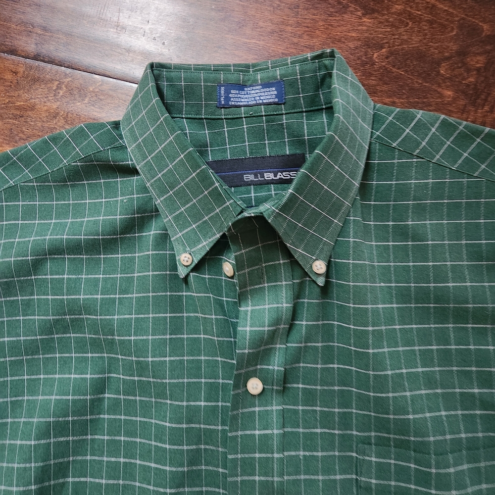 Bill Blass Green Checkered‎ Men's Shirt 13 34/35 Preppy Dark Academia Americana